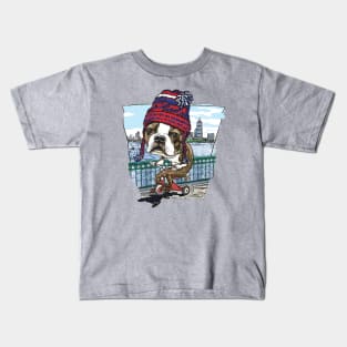 Boston Terrier Dog with Red, Blue and White Winter Beanie Kids T-Shirt